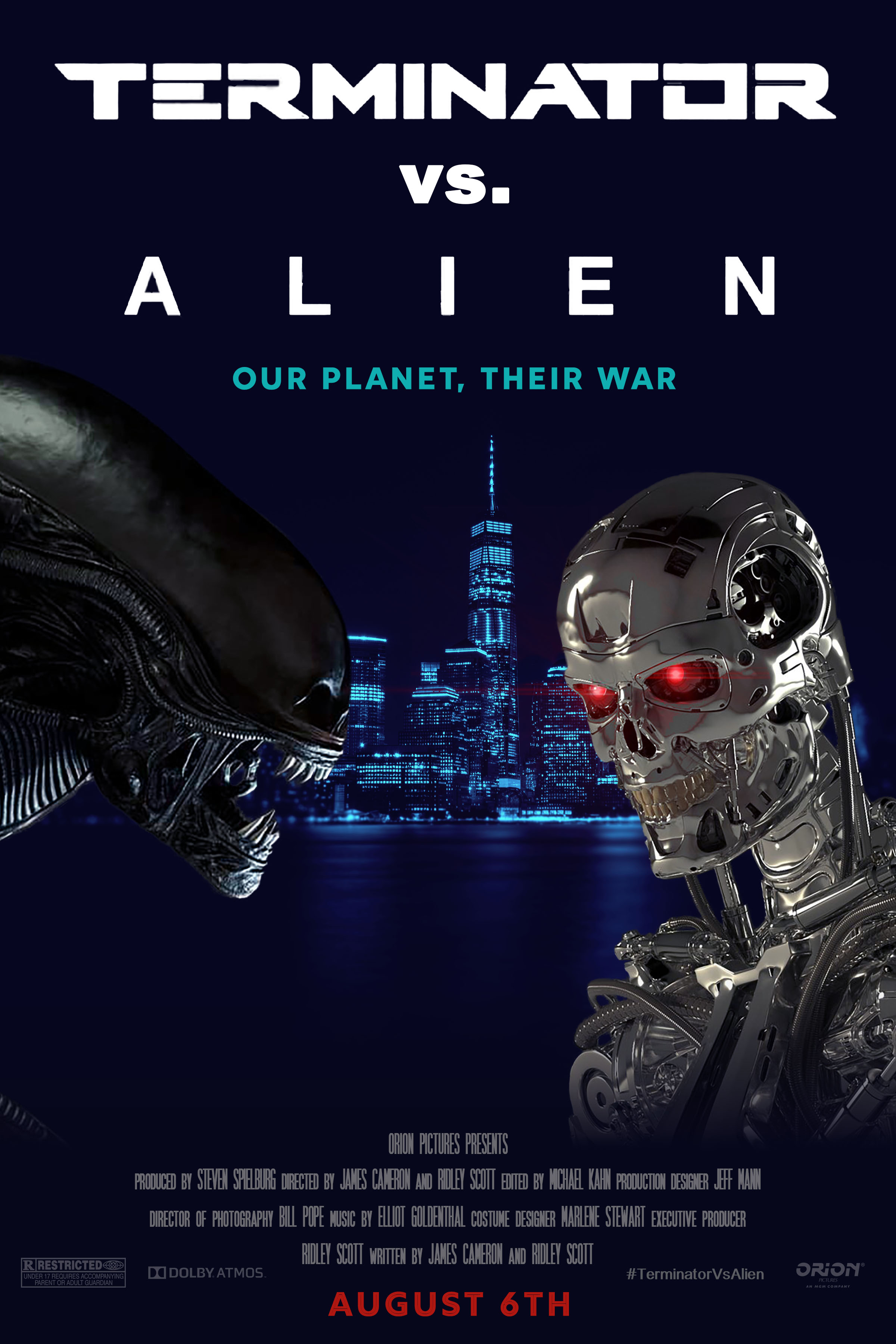 a poster of an alien and robot against a city background