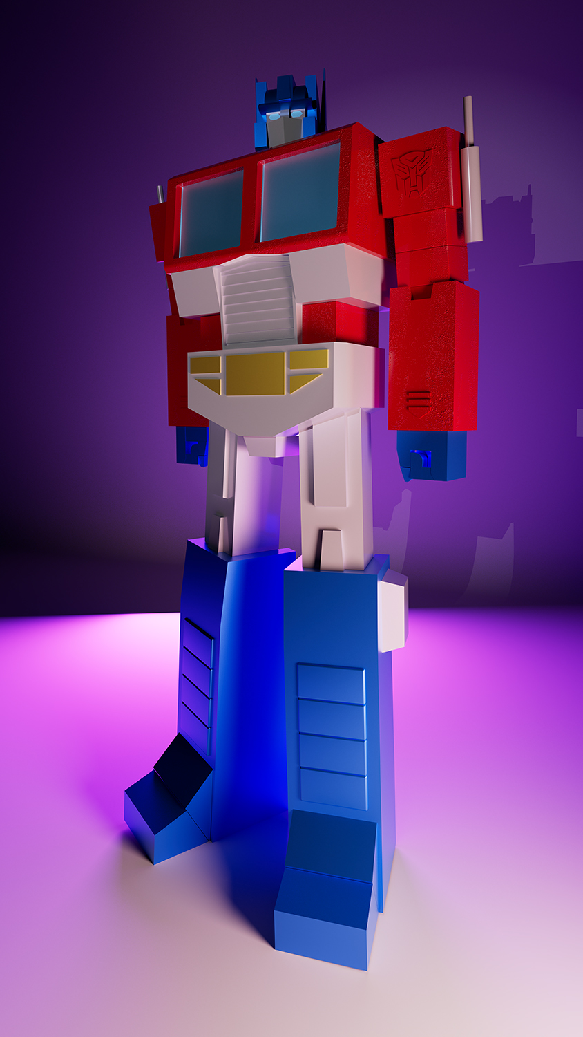 A robot posed against a blank background